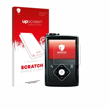 Face avant d’un emballage produit avec le logo de la marque upscreen. À côté, l’appareil Medtronic Minimed 640G est représenté