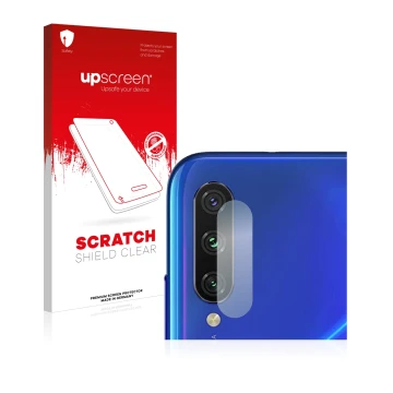 Face avant d’un emballage produit avec le logo de la marque upscreen. À côté, l’appareil Xiaomi Mi A3 (Caméra UNIQUEMENT) est 