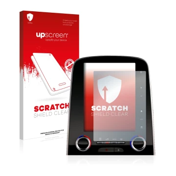 Face avant d’un emballage produit avec le logo de la marque upscreen. À côté, l’appareil Renault Espace R-Link 2 8.7