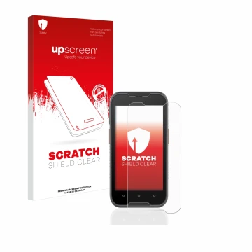 Face avant d’un emballage produit avec le logo de la marque upscreen. À côté, l’appareil Datalogic Memor 10 est représenté ave