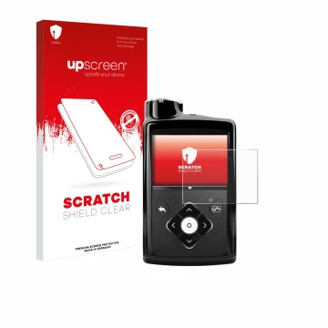 Face avant d’un emballage produit avec le logo de la marque upscreen. À côté, l’appareil Medtronic Minimed 670G est représenté