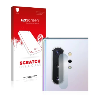 Face avant d’un emballage produit avec le logo de la marque upscreen. À côté, l’appareil Samsung Galaxy Note 10 Plus (Caméra U