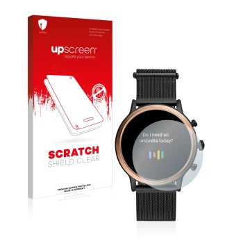 Face avant d’un emballage produit avec le logo de la marque upscreen. À côté, l’appareil Fossil Julianna HR (5.Gen) est représ