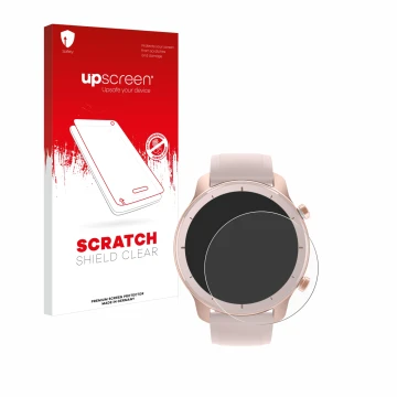 Face avant d’un emballage produit avec le logo de la marque upscreen. À côté, l’appareil Huami Amazfit GTR (42 mm) est représe