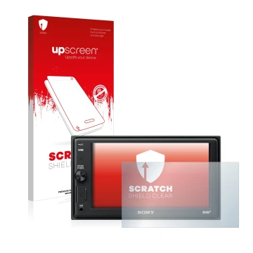 Face avant d’un emballage produit avec le logo de la marque upscreen. À côté, l’appareil Sony XAV-AX1005DB est représenté avec