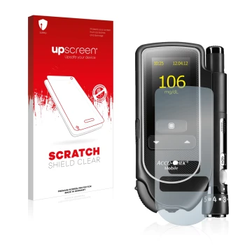Face avant d’un emballage produit avec le logo de la marque upscreen. À côté, l’appareil Accu-Chek Mobile est représenté avec 
