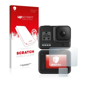 Face avant d’un emballage produit avec le logo de la marque upscreen. À côté, l’appareil GoPro Hero 8 Black est représenté ave