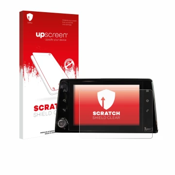 Face avant d’un emballage produit avec le logo de la marque upscreen. À côté, l’appareil Peugeot Rifter 2019 Infotainment Syst