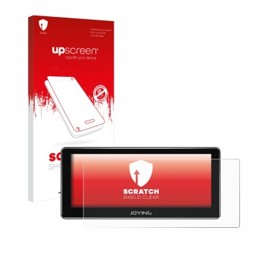 Face avant d’un emballage produit avec le logo de la marque upscreen. À côté, l’appareil Joying 4G Car Radio 8.8