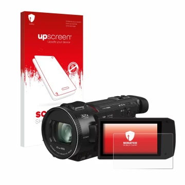 Face avant d’un emballage produit avec le logo de la marque upscreen. À côté, l’appareil Panasonic HC-VXF11 est représenté ave