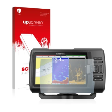 Face avant d’un emballage produit avec le logo de la marque upscreen. À côté, l’appareil Garmin Striker Plus 9sv est représent