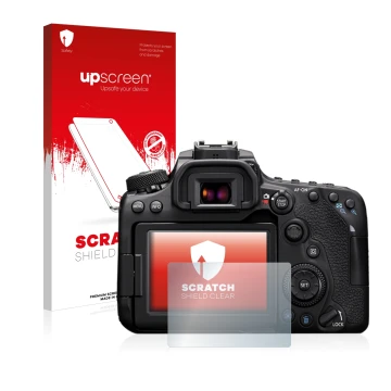 Face avant d’un emballage produit avec le logo de la marque upscreen. À côté, l’appareil Canon EOS 90D est représenté avec la 