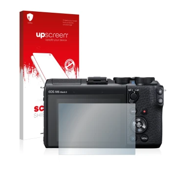 Face avant d’un emballage produit avec le logo de la marque upscreen. À côté, l’appareil Canon EOS M6 Mark II est représenté a