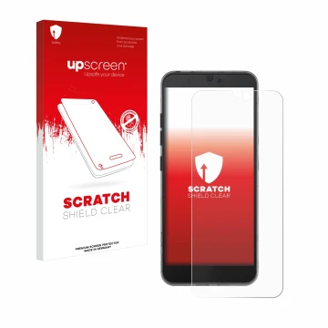 Face avant d’un emballage produit avec le logo de la marque upscreen. À côté, l’appareil Fairphone 3 est représenté avec la pr