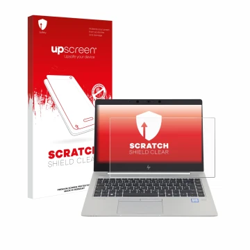 Face avant d’un emballage produit avec le logo de la marque upscreen. À côté, l’appareil HP EliteBook 840 G5 Non-Touch est rep