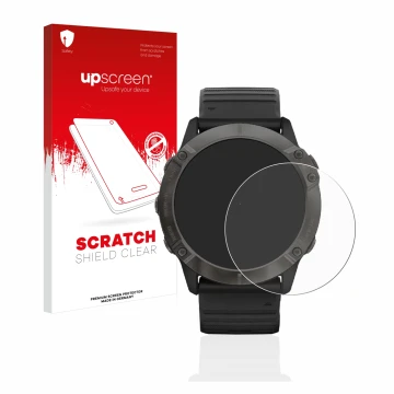 Face avant d’un emballage produit avec le logo de la marque upscreen. À côté, l’appareil Garmin Fenix 6X Pro est représenté av