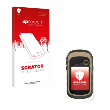 Face avant d’un emballage produit avec le logo de la marque upscreen. À côté, l’appareil Garmin eTrex 32x est représenté avec 