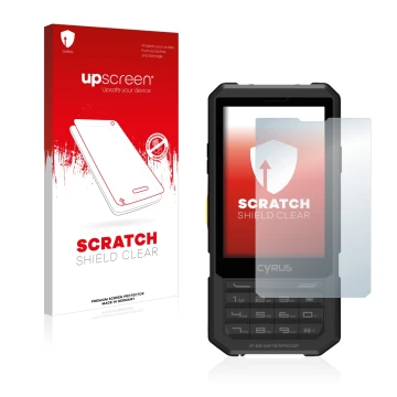 Face avant d’un emballage produit avec le logo de la marque upscreen. À côté, l’appareil Cyrus CM 17 Hybrid est représenté ave