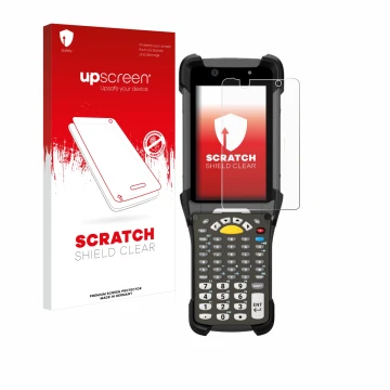 Face avant d’un emballage produit avec le logo de la marque upscreen. À côté, l’appareil Zebra MC9300 est représenté avec la p
