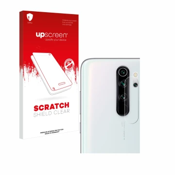 Face avant d’un emballage produit avec le logo de la marque upscreen. À côté, l’appareil Xiaomi Redmi Note 8 Pro (Caméra UNIQU