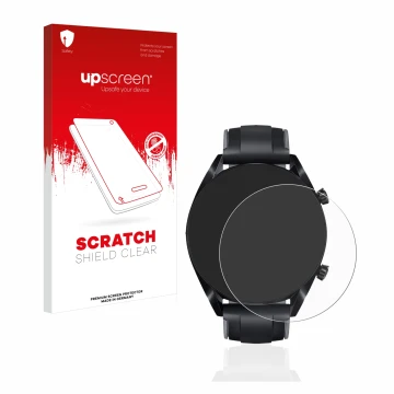 Face avant d’un emballage produit avec le logo de la marque upscreen. À côté, l’appareil Huawei Watch GT 2 (46 mm) est représe