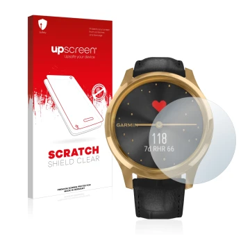 Face avant d’un emballage produit avec le logo de la marque upscreen. À côté, l’appareil Garmin vivomove Luxe (42 mm) est repr