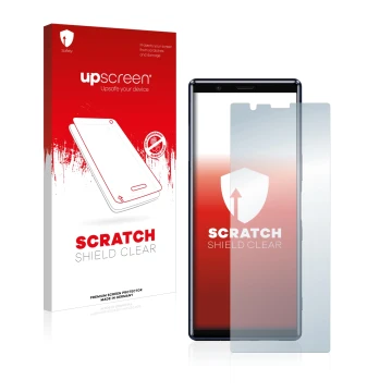 Face avant d’un emballage produit avec le logo de la marque upscreen. À côté, l’appareil Sony Xperia 5 est représenté avec la 