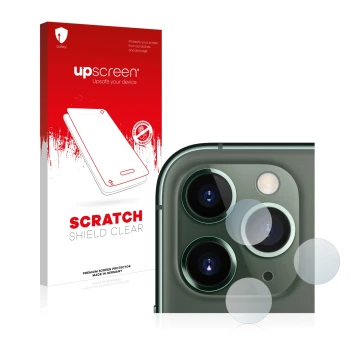 Face avant d’un emballage produit avec le logo de la marque upscreen. À côté, l’appareil Apple iPhone 11 Pro Max (Caméra UNIQU