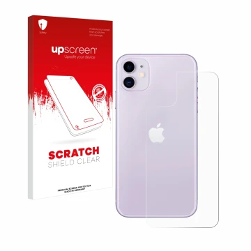 Face avant d’un emballage produit avec le logo de la marque upscreen. À côté, l’appareil Apple iPhone 11 (Arrière) est représe