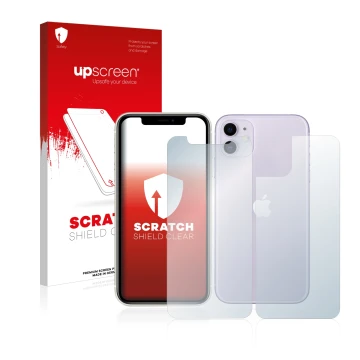 Face avant d’un emballage produit avec le logo de la marque upscreen. À côté, l’appareil Apple iPhone 11 (Avant+Arrière) est r