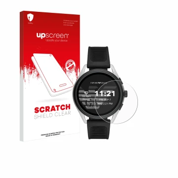 Face avant d’un emballage produit avec le logo de la marque upscreen. À côté, l’appareil Emporio Armani Connected Smartwatch 3