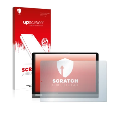 Face avant d’un emballage produit avec le logo de la marque upscreen. À côté, l’appareil Lenovo Yoga SmartTab est représenté a