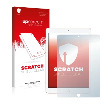 Face avant d’un emballage produit avec le logo de la marque upscreen. À côté, l’appareil Apple iPad 10.2