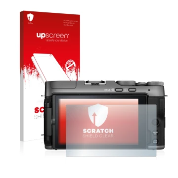 Face avant d’un emballage produit avec le logo de la marque upscreen. À côté, l’appareil Fujifilm X-A7 est représenté avec la 