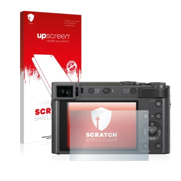 Face avant d’un emballage produit avec le logo de la marque upscreen. À côté, l’appareil Panasonic Lumix DC-TZ200 est représen