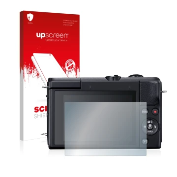 Face avant d’un emballage produit avec le logo de la marque upscreen. À côté, l’appareil Canon EOS M200 est représenté avec la