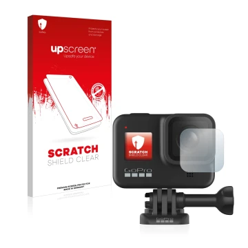 Face avant d’un emballage produit avec le logo de la marque upscreen. À côté, l’appareil GoPro Hero 8 Black (Lentille) est rep