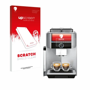 Face avant d’un emballage produit avec le logo de la marque upscreen. À côté, l’appareil Siemens EQ.9 plus connect s700 4,3