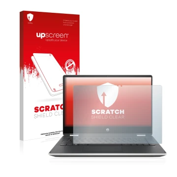 Face avant d’un emballage produit avec le logo de la marque upscreen. À côté, l’appareil HP Pavilion x360 (14-dhX) est représe