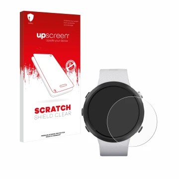 Face avant d’un emballage produit avec le logo de la marque upscreen. À côté, l’appareil Garmin Swim 2 est représenté avec la 