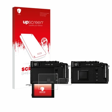 Face avant d’un emballage produit avec le logo de la marque upscreen. À côté, l’appareil Fujifilm X-Pro3 est représenté avec l