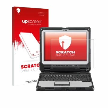 Face avant d’un emballage produit avec le logo de la marque upscreen. À côté, l’appareil Panasonic Toughbook CF-33 est représe