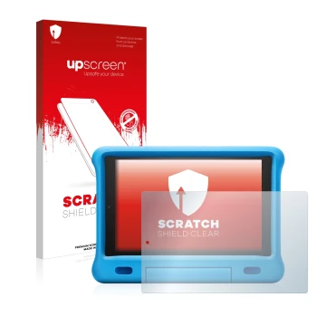 Face avant d’un emballage produit avec le logo de la marque upscreen. À côté, l’appareil Amazon Fire HD 10 Kids 2019 (9ème Gen