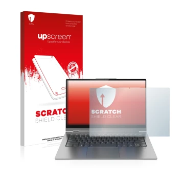 Face avant d’un emballage produit avec le logo de la marque upscreen. À côté, l’appareil Lenovo Yoga C940 14