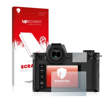 Face avant d’un emballage produit avec le logo de la marque upscreen. À côté, l’appareil Leica SL2 est représenté avec la prot