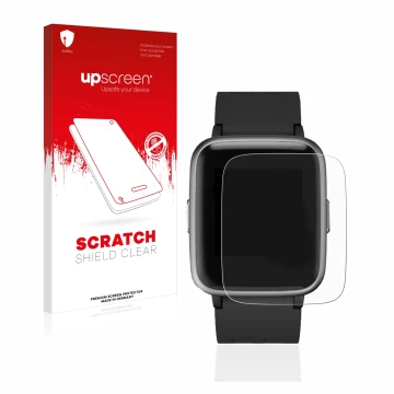 Face avant d’un emballage produit avec le logo de la marque upscreen. À côté, l’appareil Letsfit Fitness Tracker 1.3
