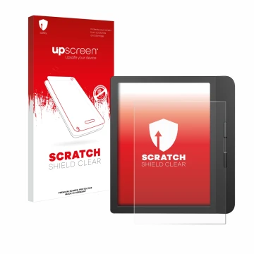 Face avant d’un emballage produit avec le logo de la marque upscreen. À côté, l’appareil Tolino Vision 5 est représenté avec l