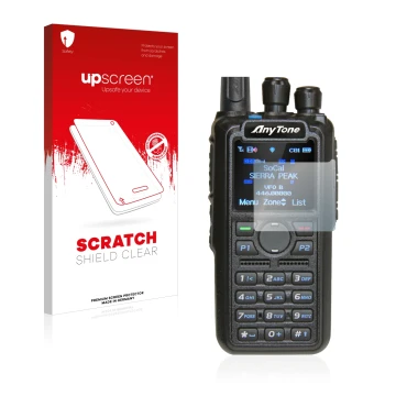 Face avant d’un emballage produit avec le logo de la marque upscreen. À côté, l’appareil AnyTone AT-D878UV est représenté avec