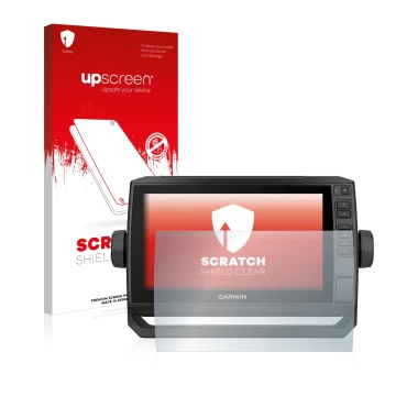 Face avant d’un emballage produit avec le logo de la marque upscreen. À côté, l’appareil Garmin ECHOMAP UHD 92sv est représent