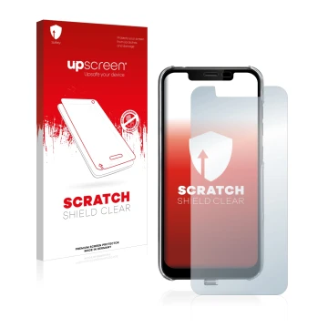 Face avant d’un emballage produit avec le logo de la marque upscreen. À côté, l’appareil Gigaset GS195LS est représenté avec l